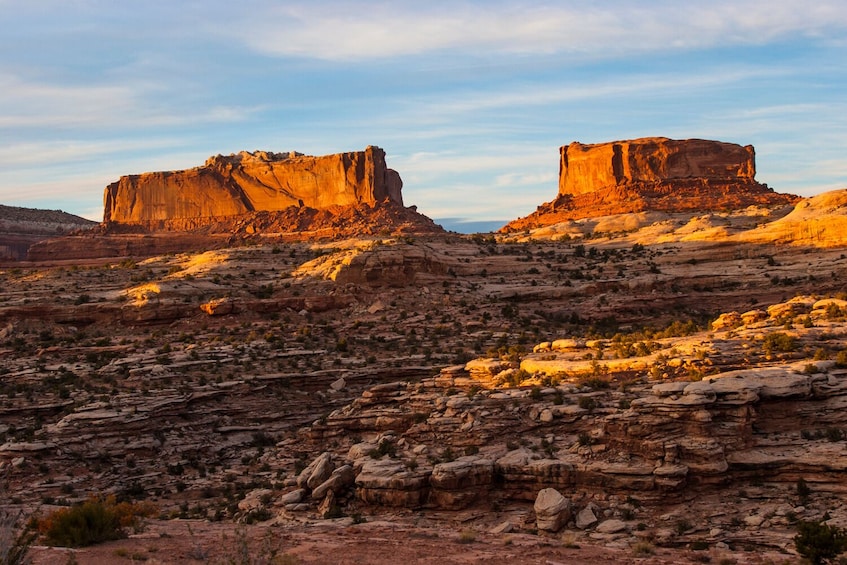 Un paysage désertique caractérisé par des formations rocheuses en strates et une végétation clairsemée. 5