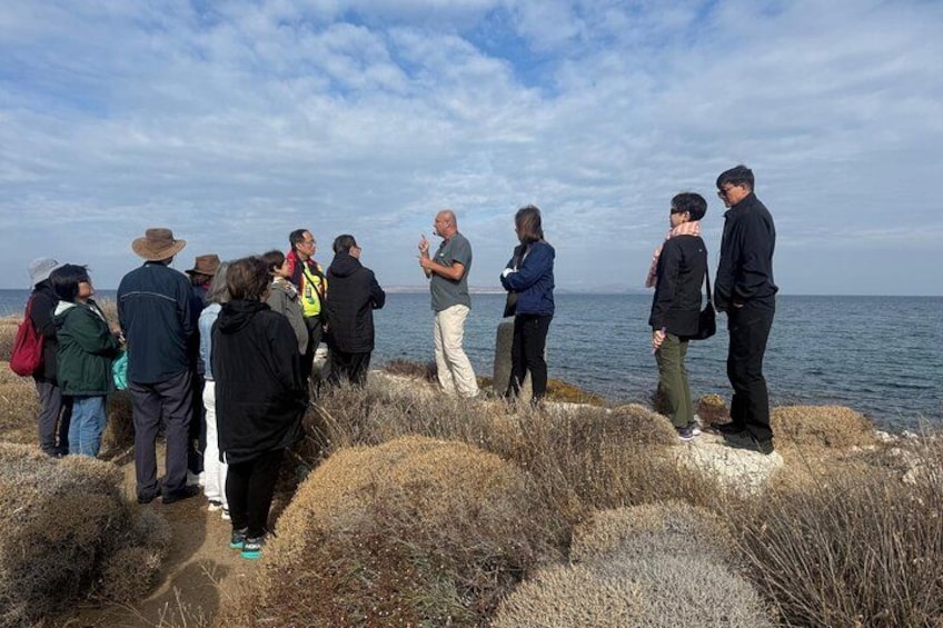 Een groep mensen staat op een rotsachtige kustlijn aan zee, in gesprek met elkaar. 3