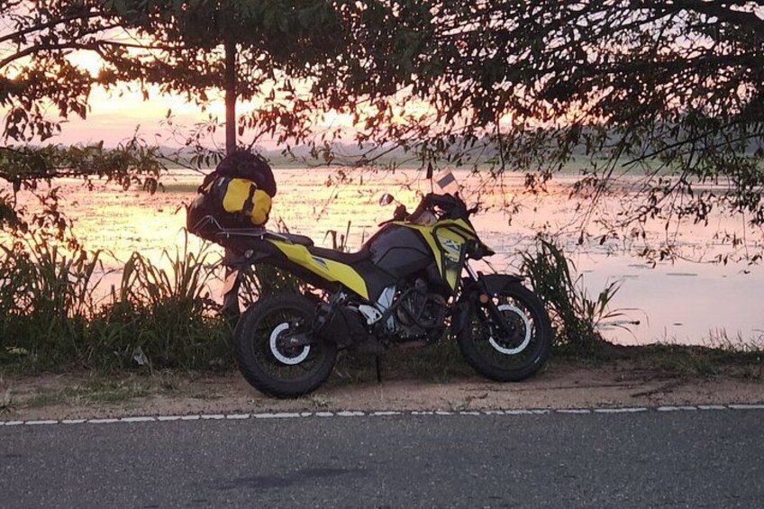 A motorcycle parked by a roadside with a tree and a body of water in the background. 4