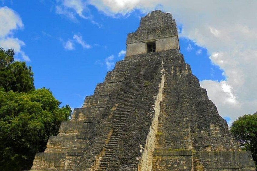 A large ancient pyramid with a staircase leading to the top, surrounded by lush greenery. 1