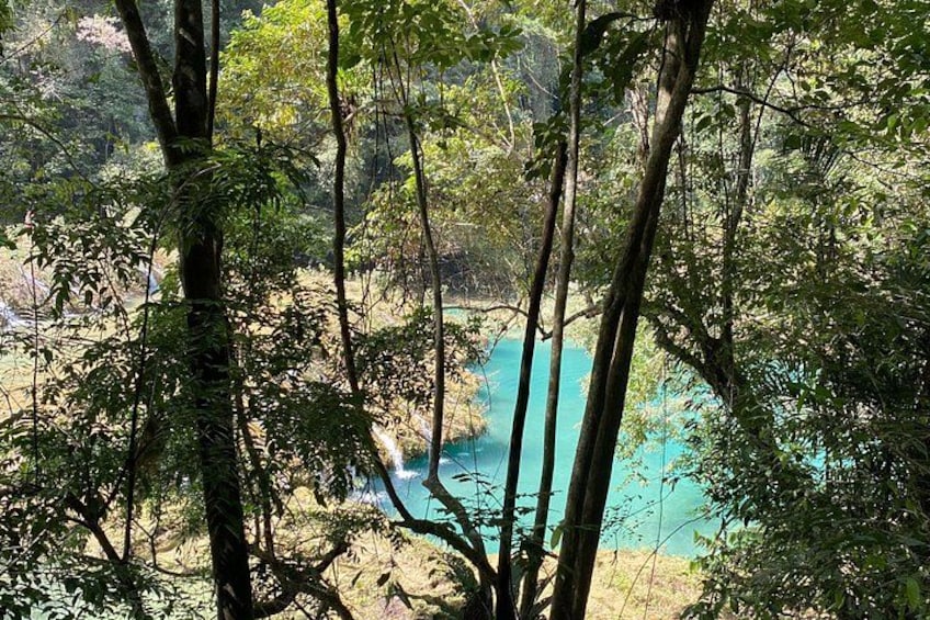 A forested area with a turquoise body of water. 3