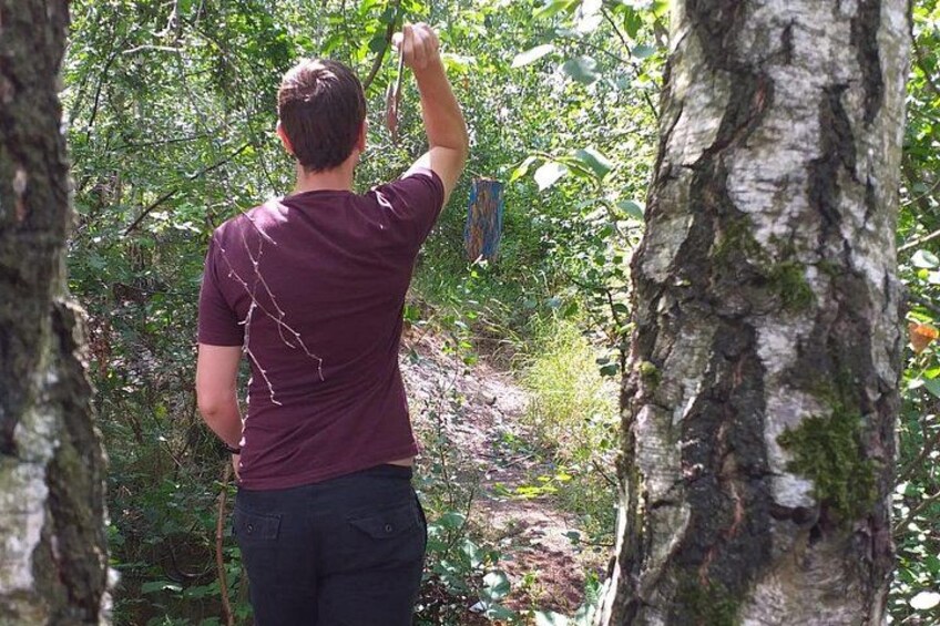 A person hiking in a forested area with trees and underbrush. 2