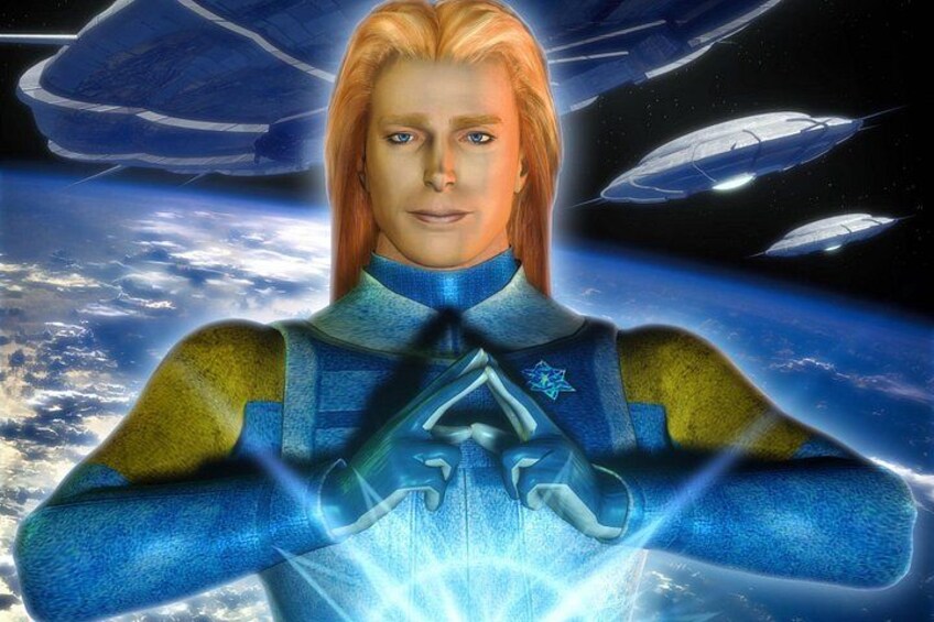 A person in a futuristic suit with a star emblem, standing in space with a glowing energy effect. 4