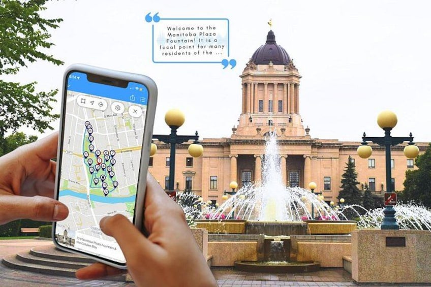 A smartphone displaying a map with a location pin, a fountain, and a building with a dome in the background. 1