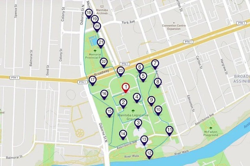 A map with numbered points of interest, including a Memorial Provincial Park, Manitoba Legislative Grounds, and a river. 2