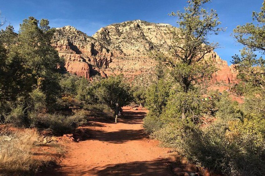 A dirt path leading towards a rocky mountain range with sparse vegetation. 3
