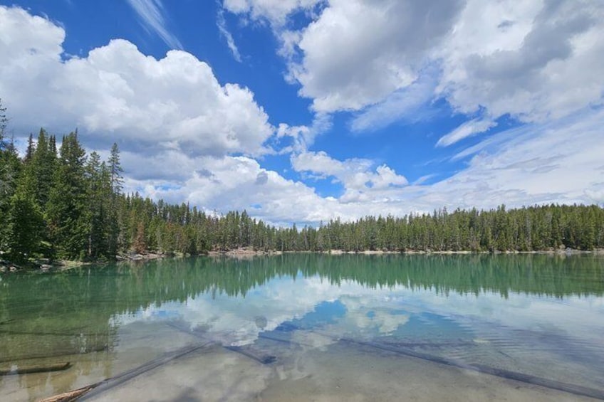 A calm lake surrounded by dense forest under a partly cloudy sky. 2