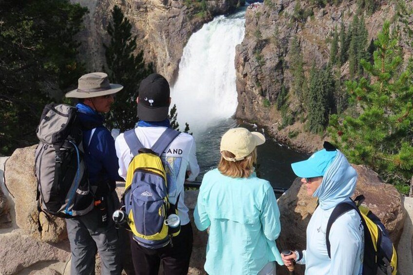 A group of hikers observing a waterfall. 2