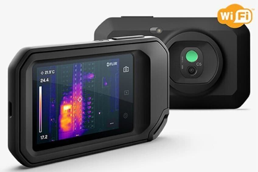 A FLIR thermal imaging device with a display showing temperature readings and a Wi-Fi symbol. 1