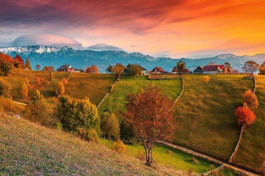 A rural landscape with rolling hills, scattered trees, and houses with red roofs. 2