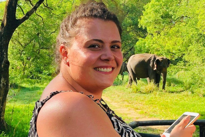 A person holding a smartphone, with an elephant in the background. 3