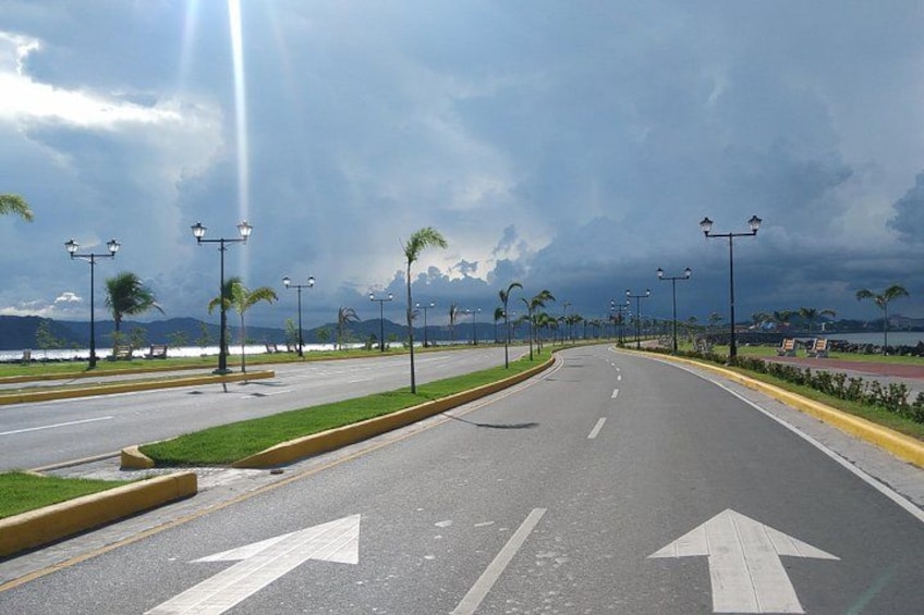 A wide road with directional arrows, palm trees, street lamps, and a cloudy sky. 3