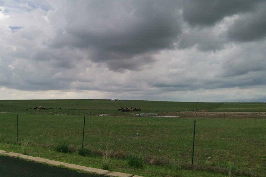 A grassy field with a fence, a road, and a cloudy sky. 2