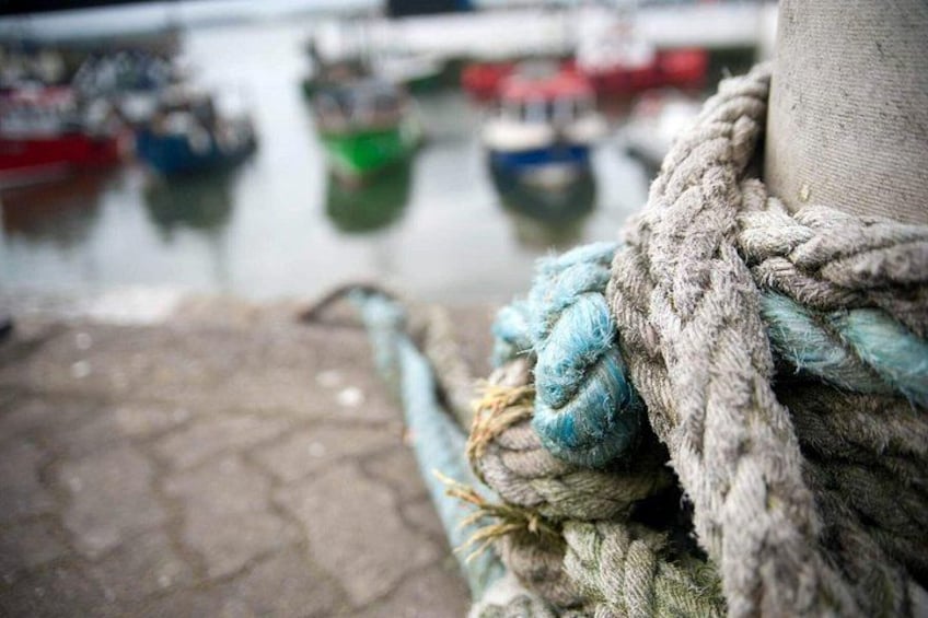 A close-up of a rope tied around a post with boats in the background. 2
