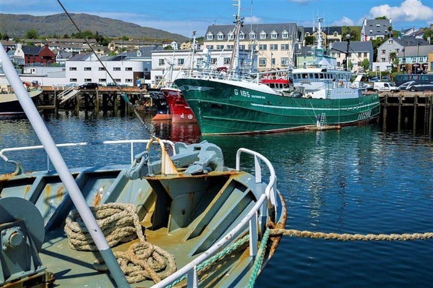 A green fishing boat docked at a harbor with buildings and a mountainous backdrop. 3