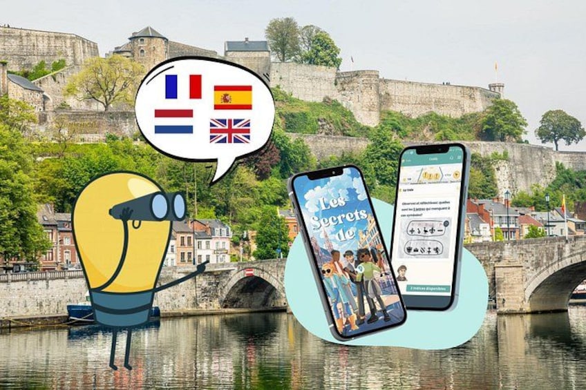 A light bulb character with a speech bubble, a smartphone displaying a travel app, and a historic stone bridge. 1