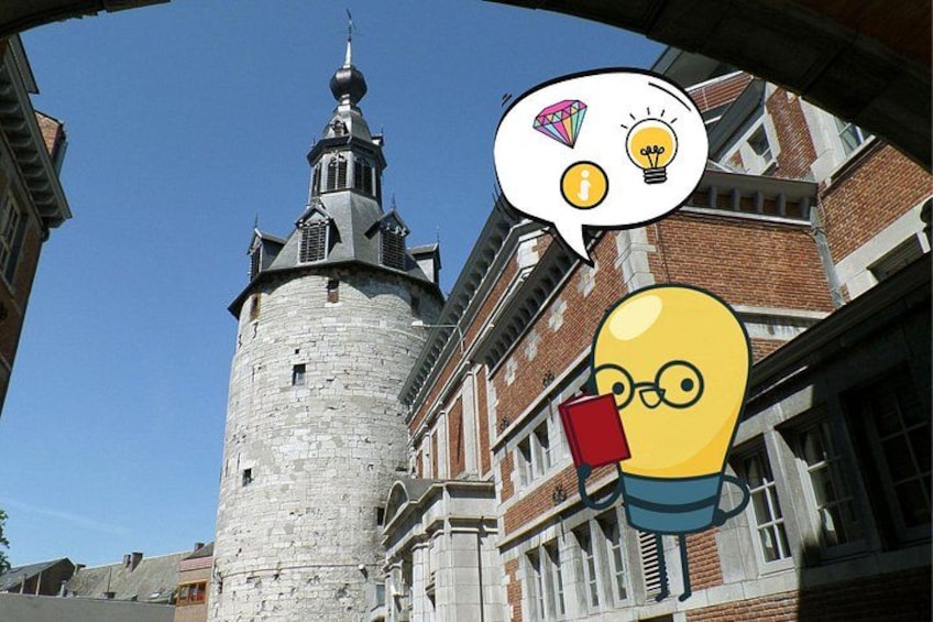 A historic tower with a clock, a building with a red door, and a cartoon light bulb character. 3