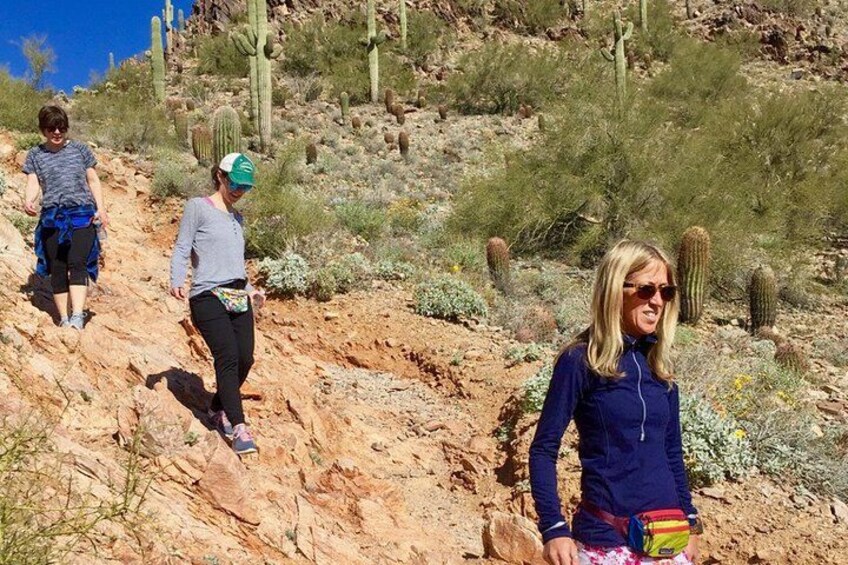 Three people hiking on a rocky trail in a desert with cacti and sparse vegetation. 2