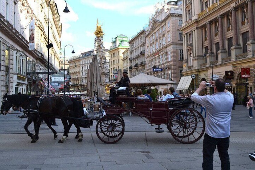 A horse-drawn carriage with passengers and a photographer. 1