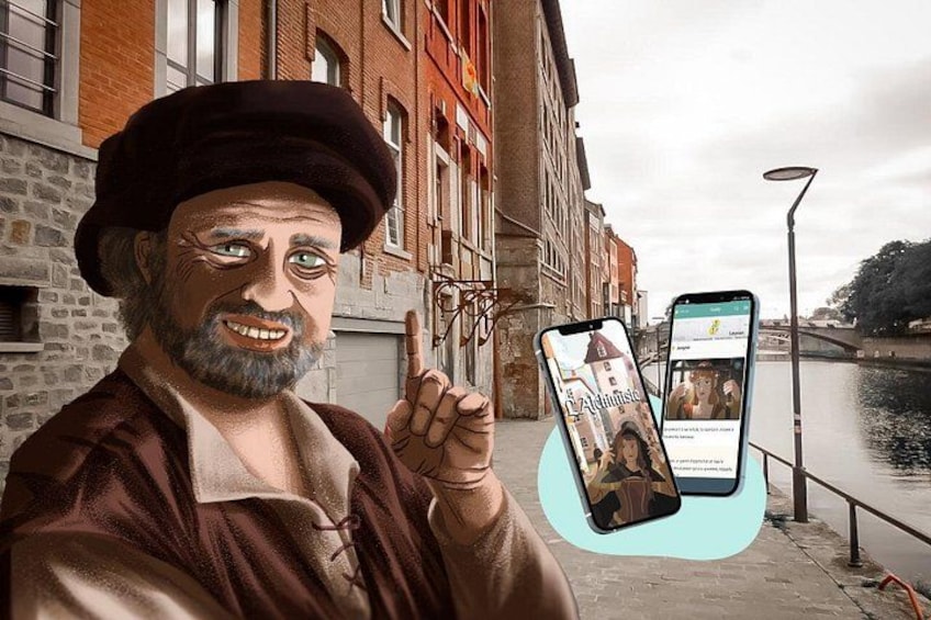 Una persona sostiene un teléfono inteligente con una interfaz de aplicación de viajes, de pie en una acera junto a un río con edificios al fondo. 1