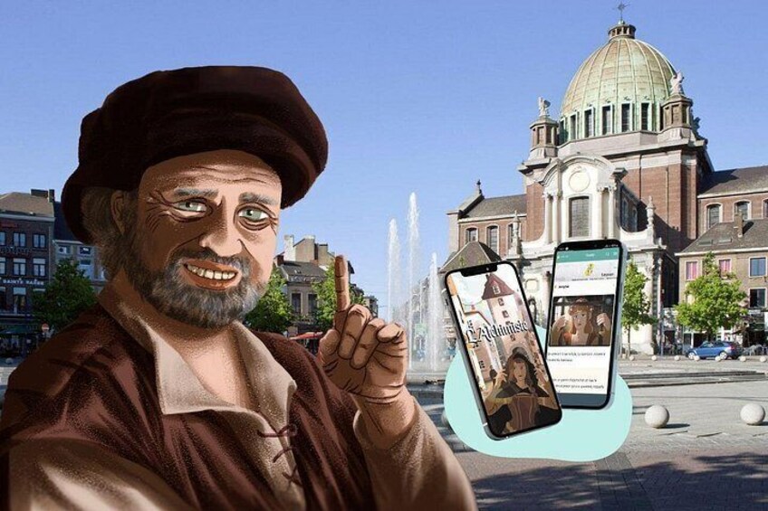 A person holding a smartphone with a historical building in the background. 1