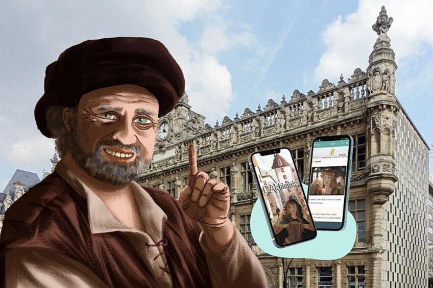 En person peger på en smartphone, der viser et kort, med en historisk bygning i baggrunden. 1