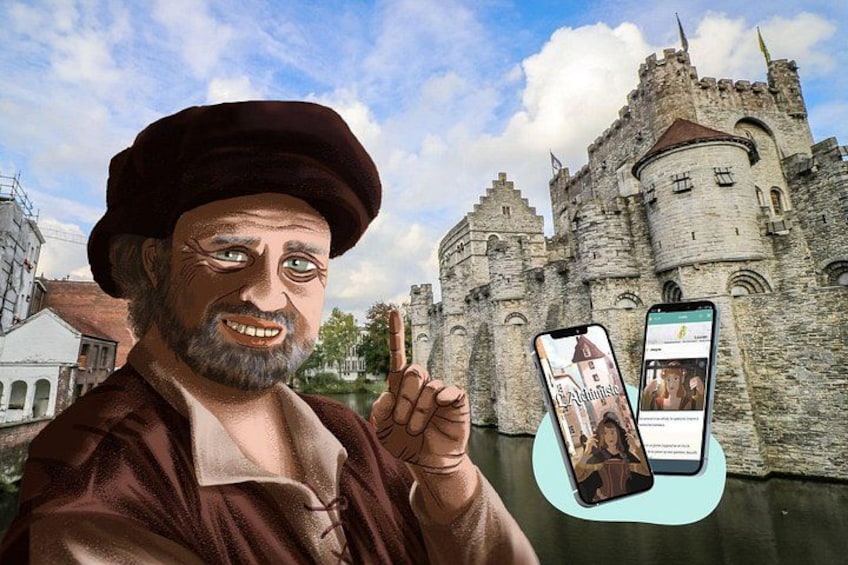 A person holding a smartphone with a castle in the background. 4