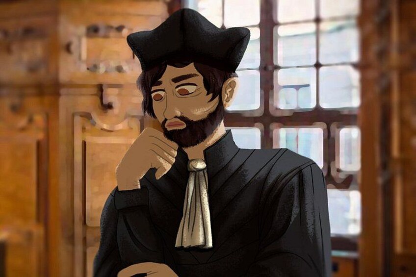 A statue of a man in a black robe and hat, with a thoughtful expression, in a room with wooden walls and a window. 4