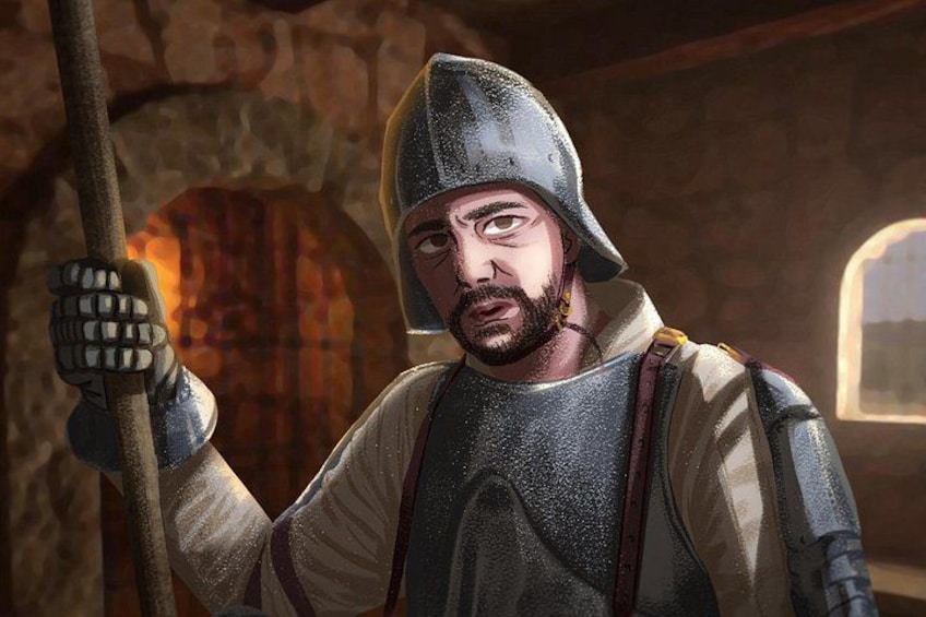 A person in medieval armor holding a staff in a stone-walled room with a window. 5