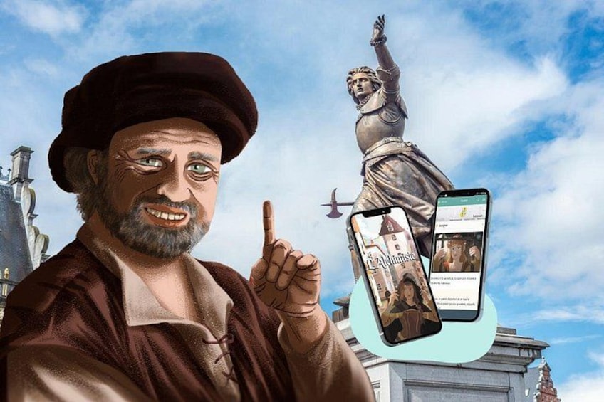 A person in historical clothing with a smartphone displaying a news app. 1
