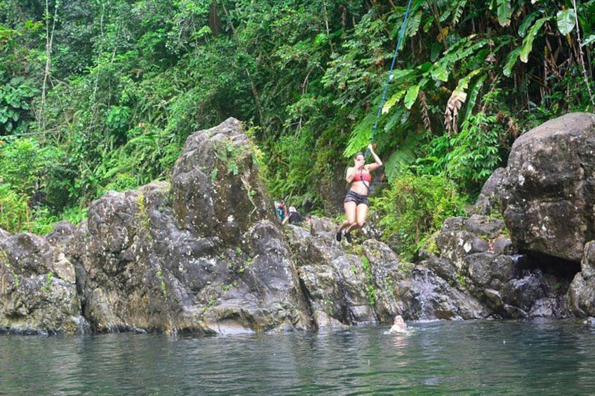 A person jumping from a rock into a river surrounded by lush greenery. 3