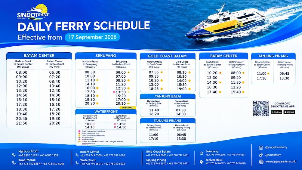 A ferry schedule for SINDOTRANS, effective from 17 September 2026, with times and routes for Batam Center, Sekupang, Gold Coast Batam, Tanjung Balai, and Tanjung Pinang. 2