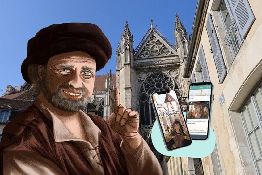 A person holding a smartphone with a medieval-themed app, standing in front of a historic building with Gothic architecture. 1