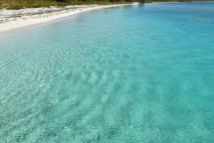 A clear turquoise sea with a sandy beach and sparse vegetation. 5