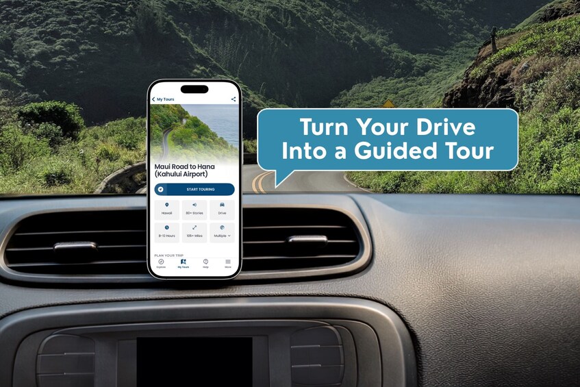 A smartphone mounted on a car dashboard displaying a guided tour app for the Hawaii Road to Hana. 3