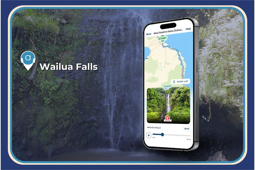 A smartphone displaying a map with a route to Wailua Falls, a waterfall, and a scenic view of the falls. 5