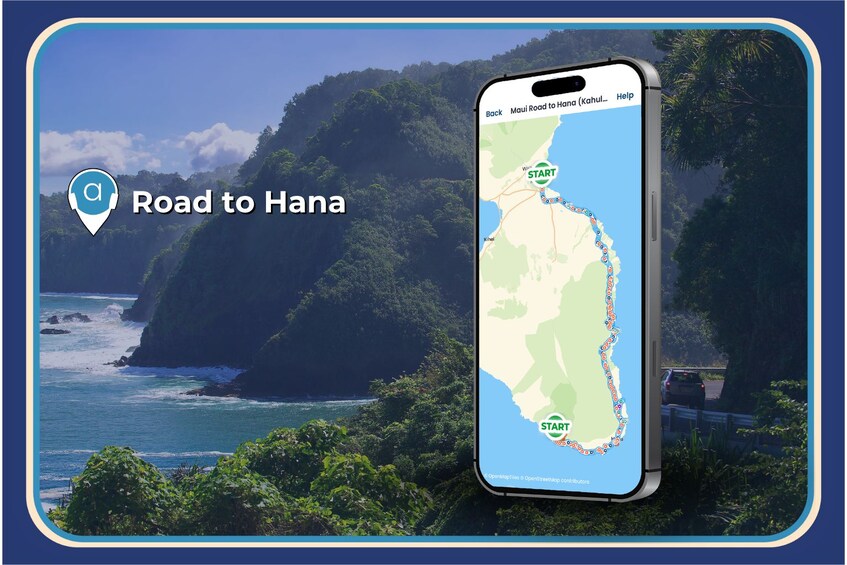 A smartphone displaying a map with a route labeled 'Road to Hana' starting from a point marked 'START'. 4