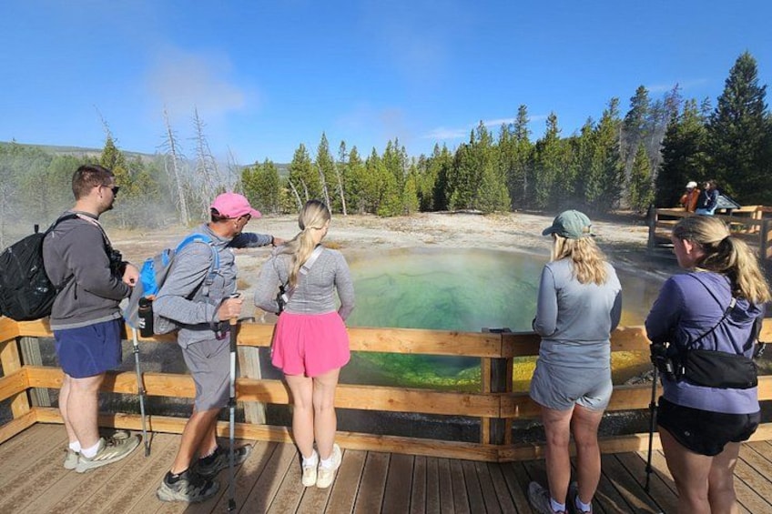 Un grupo de personas en una cubierta de madera con vistas a una zona geotermal con agua verde y vapor. 5