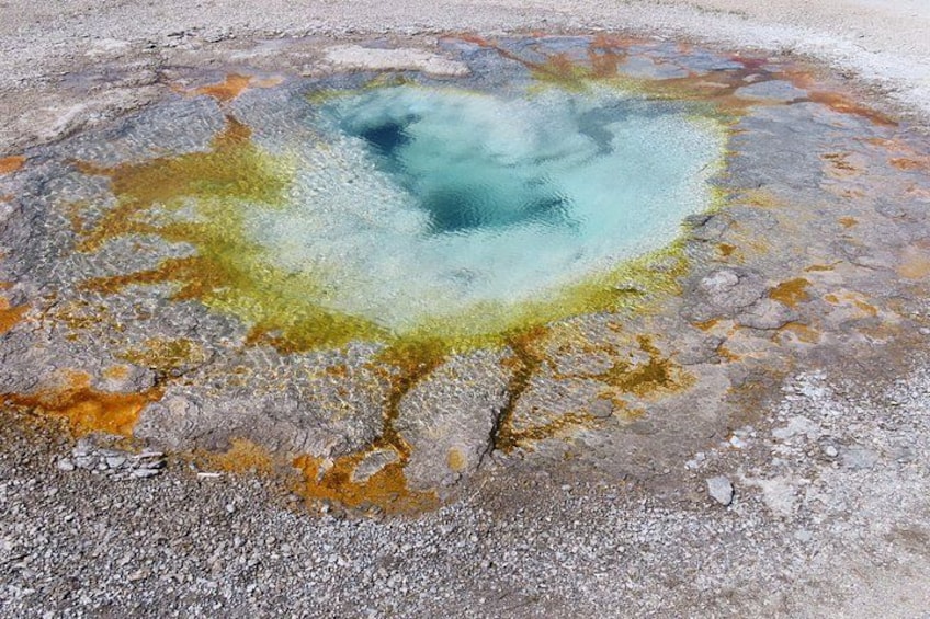 Un área geotérmica con depósitos minerales y una pequeña piscina de agua. 4