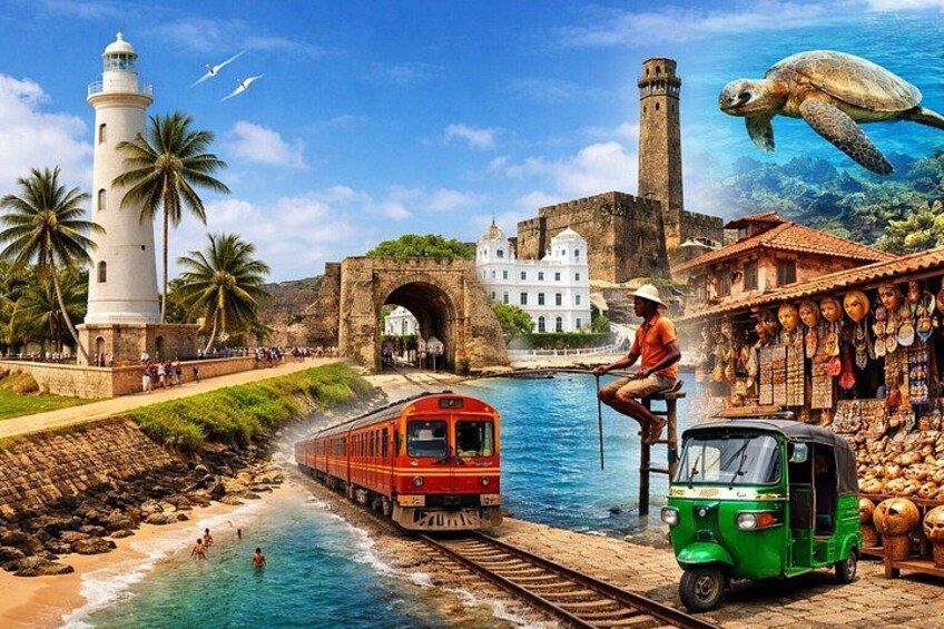 A coastal scene with a train, a green auto-rickshaw, a lighthouse, a sea turtle, and a historical building. 1