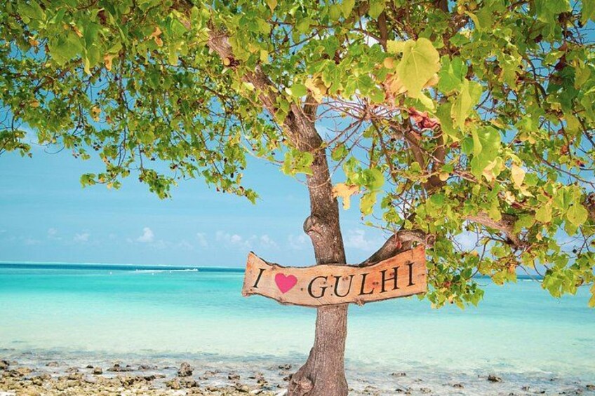 Ein Baum mit einem Schild, auf dem 'Ich liebe Gulhi' steht, direkt am Strand. 2