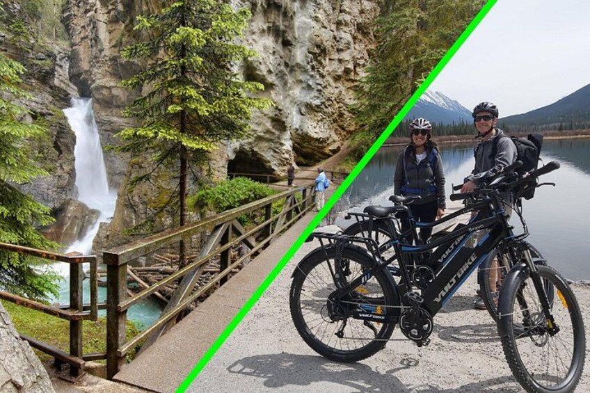A waterfall, a wooden bridge, and two bicycles with riders. 5