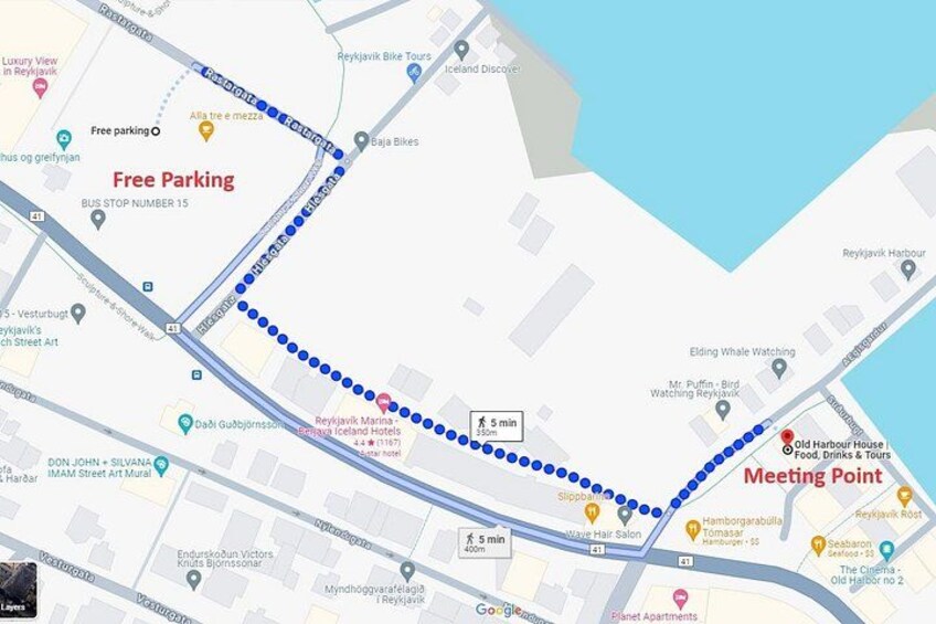 A map with a blue route, free parking, and a meeting point. 3