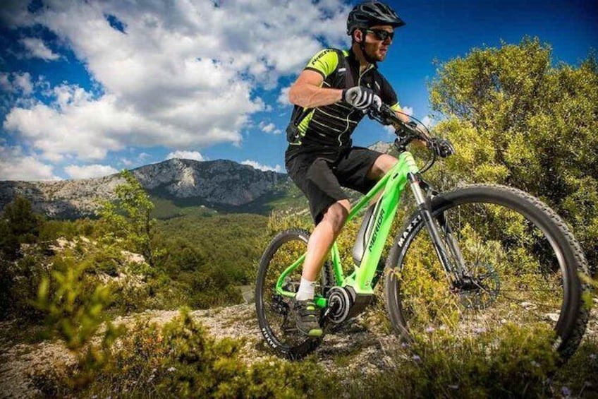 A person riding a green mountain bike on a trail with mountains in the background. 1
