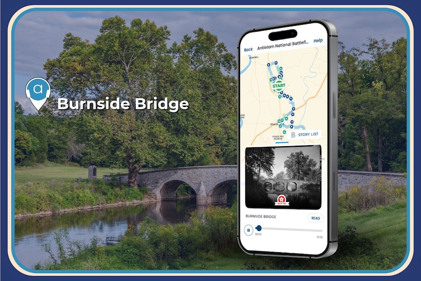 A smartphone displaying a map with a route starting at Burnside Bridge, surrounded by greenery and a stone bridge over a river. 5