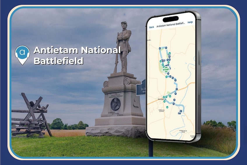 A smartphone displaying a map with a route starting at Antietam National Battlefield, with a statue and a wooden fence in the background. 3