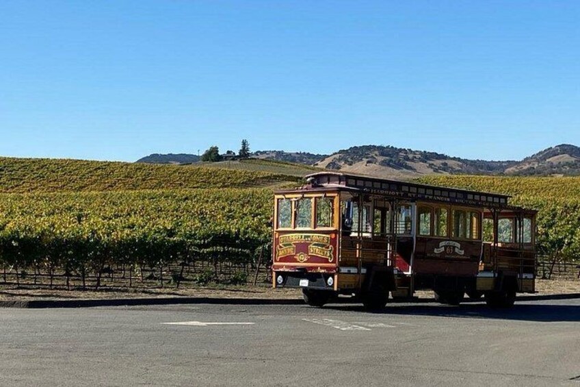 A vintage trolley in a vineyard. 1
