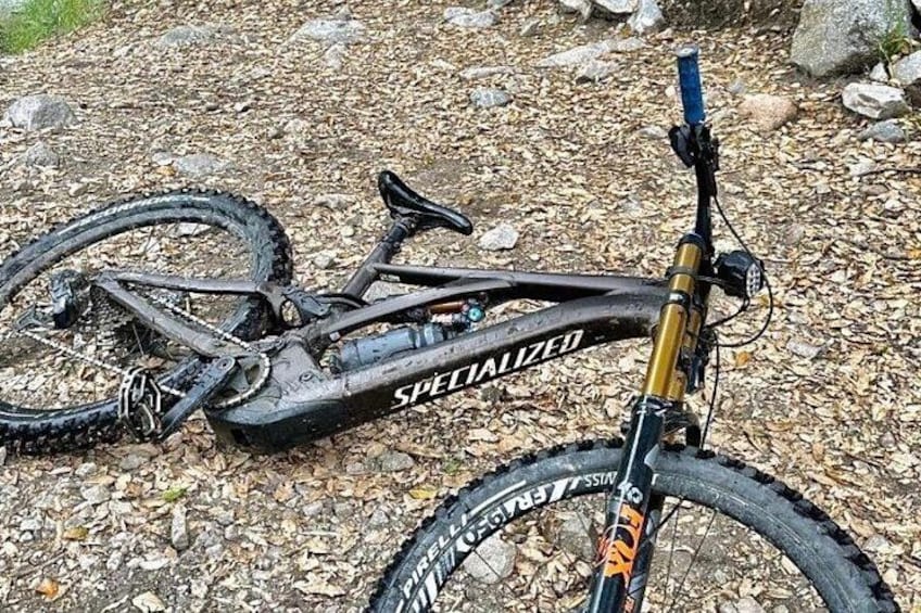 Una bicicleta de montaña con el nombre de marca 'SPECIALIZED' en el cuadro, apoyada sobre una superficie de grava con piedras y hojas. 2