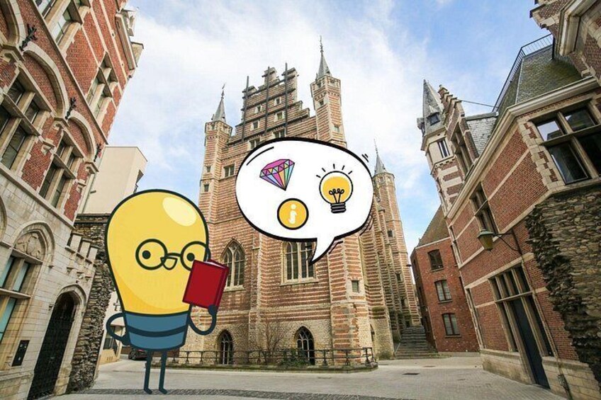 A cartoon character with a speech bubble in front of a historic building. 4