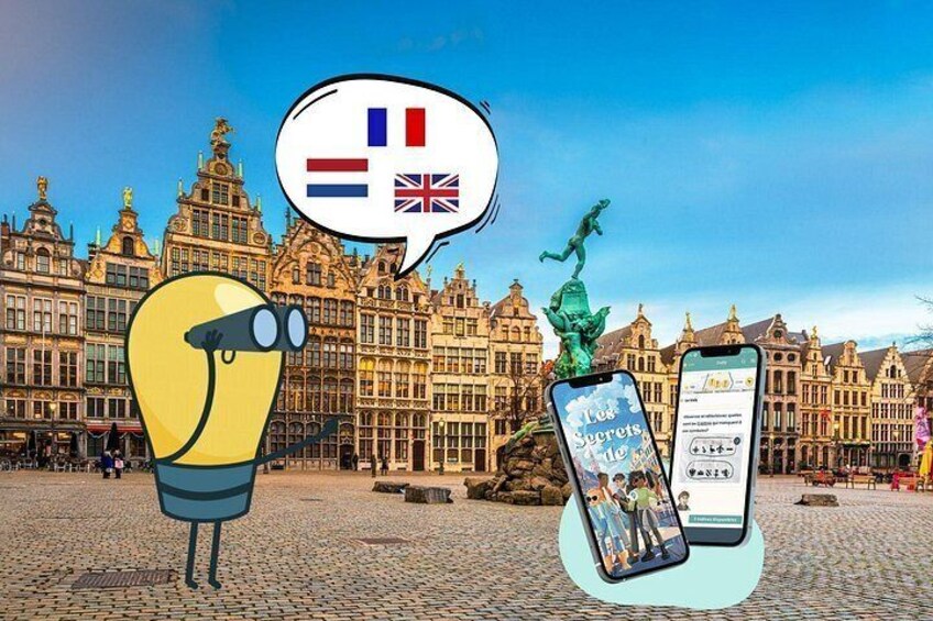 A cartoon light bulb character with a speech bubble containing flags, a statue, and a smartphone displaying a travel app. 5
